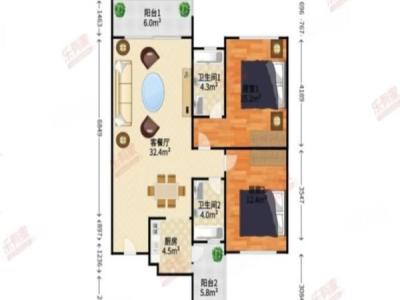 泓基城品小区2室2厅2卫户型图2