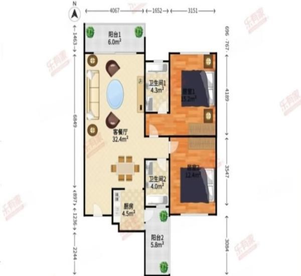 泓基城品小区2室2厅2卫户型图