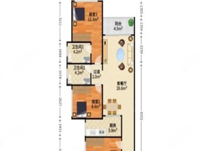 力高君御花园小区3室2厅1卫户型图3