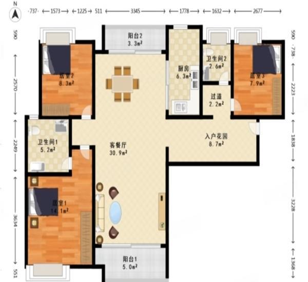 中海锦城小区3室2厅2卫户型图7