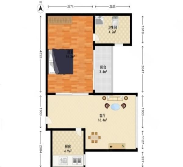 上品花园小区1室1厅1卫户型图3