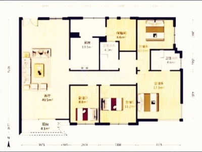 世界花园海华居小区3室2厅2卫户型图1