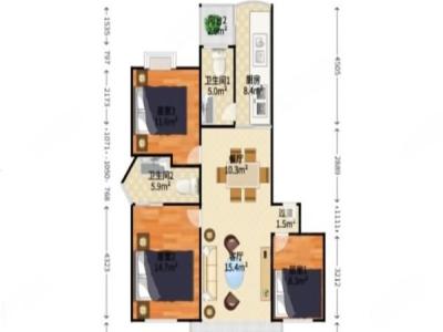 中环花园三期小区3室2厅2卫户型图2