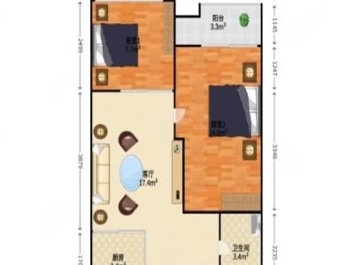海伦堡院子一期小区2室1厅1卫户型图3