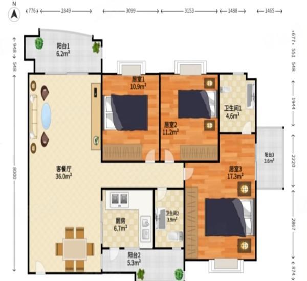 半山翠苑小区3室2厅2卫户型图