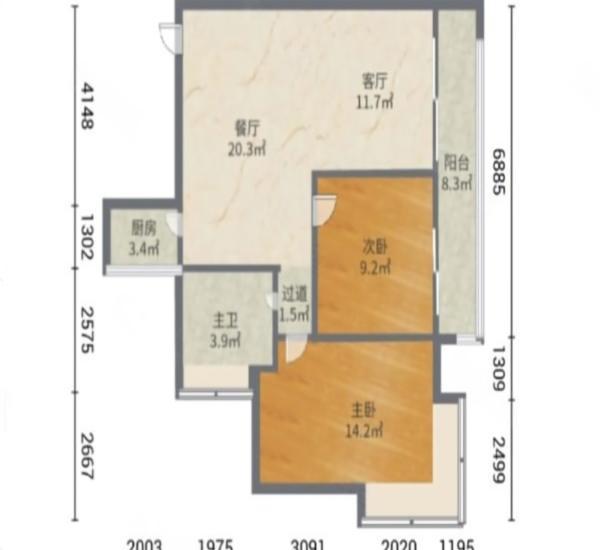 中珠上城一期小区2室1厅1卫户型图3