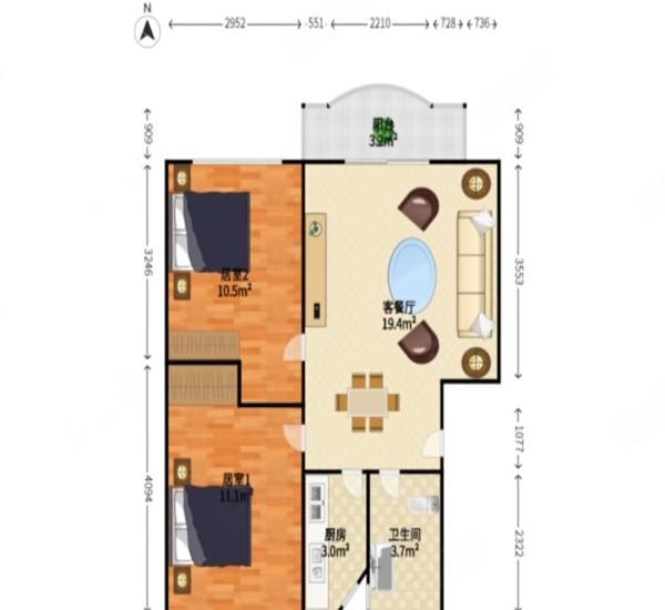 永怡花园北区小区2室2厅1卫户型图6