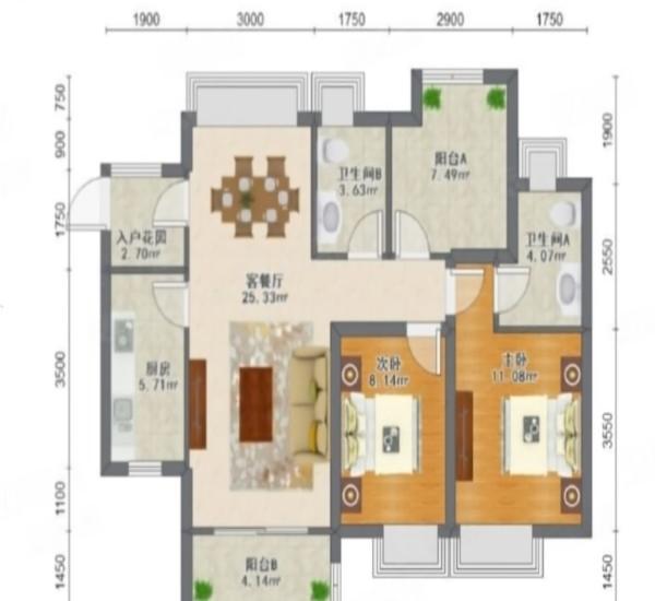 保利时代小区3室2厅1卫户型图2