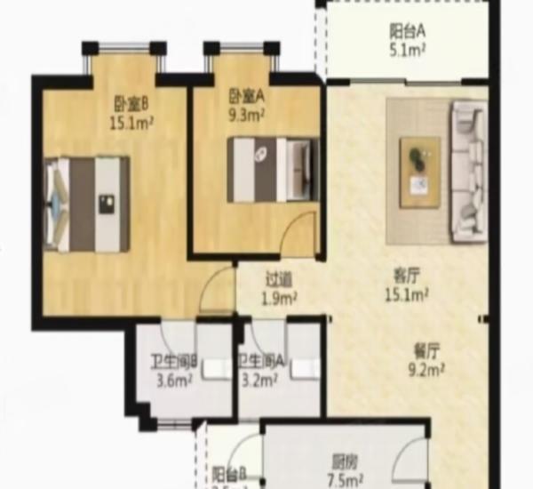 汇星豪庭小区2室2厅1卫户型图3