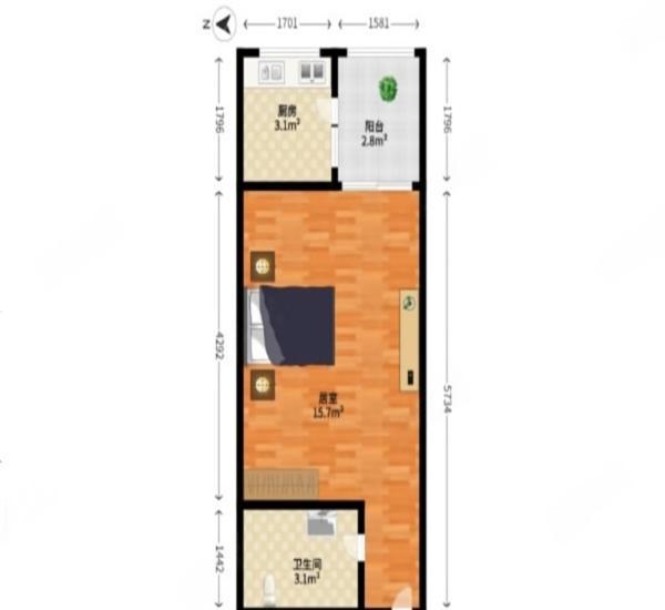 蓝钻双子座楼小区1室0厅1卫户型图5