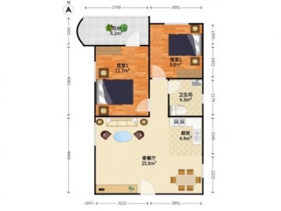 龙珠花园(龙岗)小区2室2厅1卫户型图2