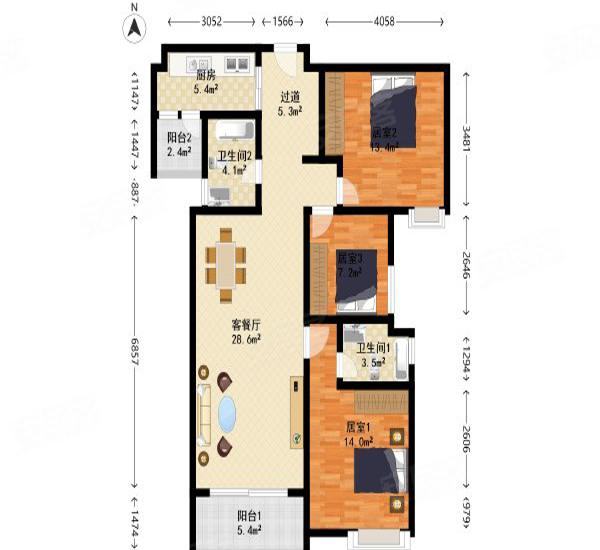 中海锦城小区3室2厅2卫户型图9