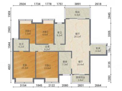 美的明湖观澜别墅小区4室2厅2卫户型图1