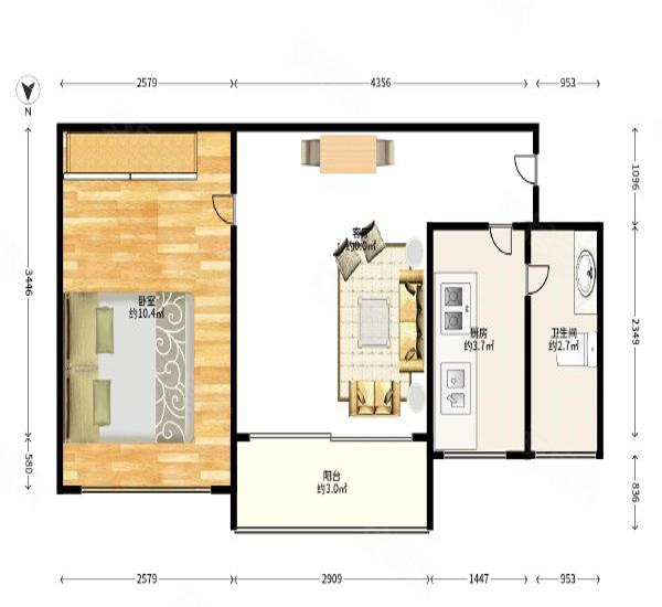 皇庭世纪小区1室2厅1卫户型图4