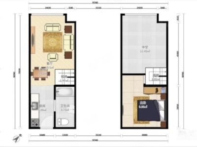 完美金鹰广场小区1室1厅1卫户型图2