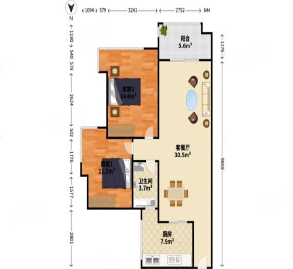 远洋城天曜南区小区2室2厅1卫户型图2