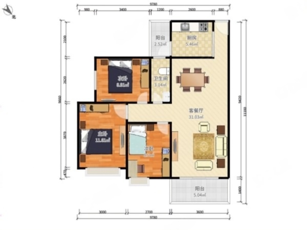 平湖秋月花园小区2室2厅1卫户型图4