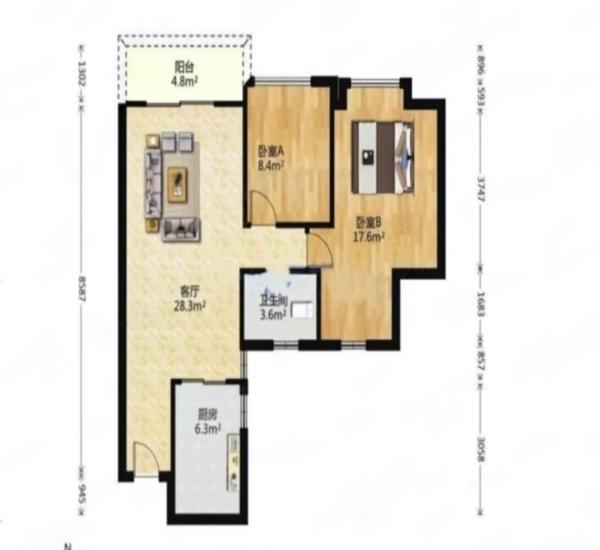 金凯乐花园小区2室2厅1卫户型图3