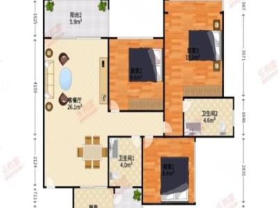 大东城二期小区3室2厅2卫户型图2