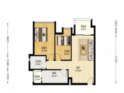 恒大金名都小区2室2厅1卫户型图2