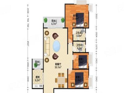 锦城花园小区3室2厅2卫户型图1