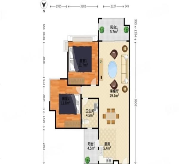 远洋城天曜南区小区2室2厅1卫户型图7