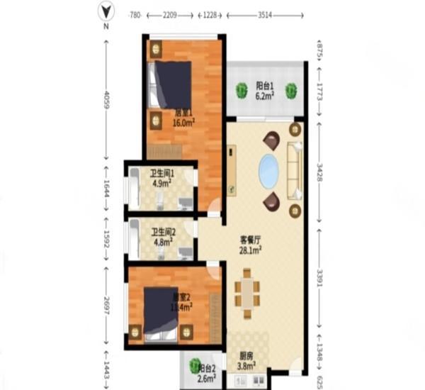 豪逸御华庭小区2室2厅2卫户型图2
