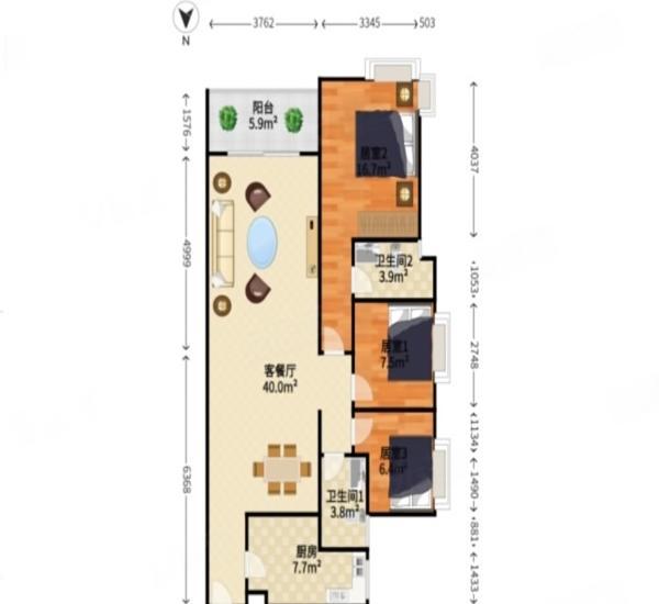 华盈爱琴湾小区3室2厅2卫户型图3