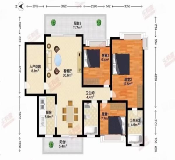 远洋城天曜南区小区2室2厅1卫户型图3