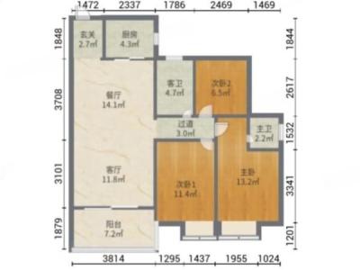 宏新蜜橙公馆小区3室2厅2卫户型图2