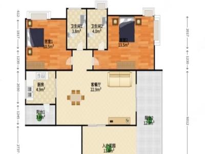 星际豪庭小区2室2厅2卫户型图3