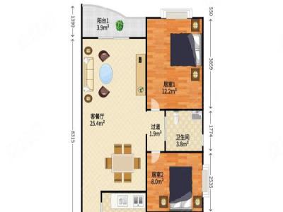 丽景城小区2室1厅1卫户型图3