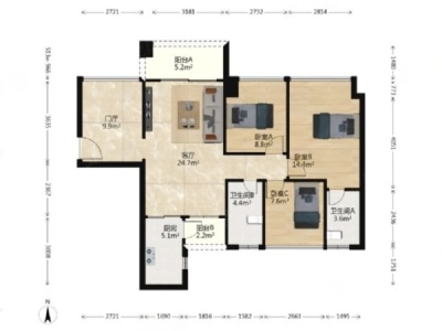 佳兆业中央广场一期小区3室1厅2卫户型图4