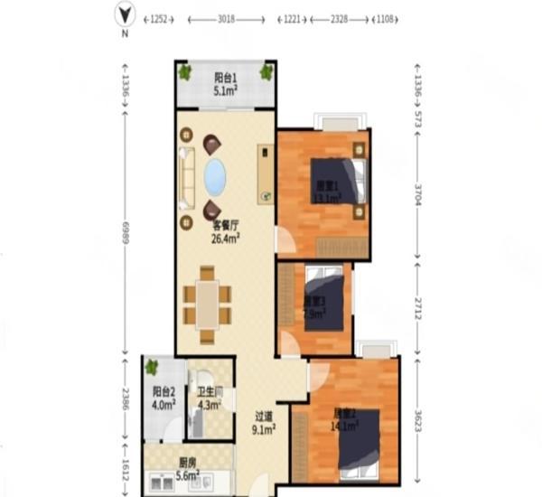 中海锦城小区3室2厅1卫户型图4