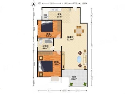汇星豪庭小区2室2厅1卫户型图2
