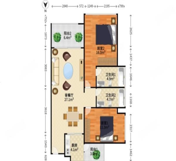 豪逸御华庭小区2室2厅2卫户型图3