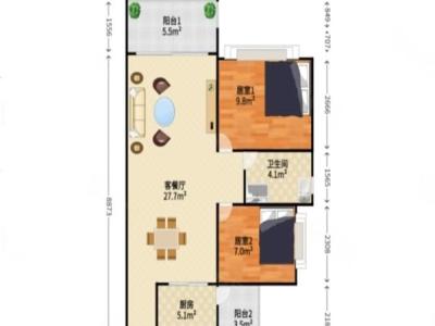 世茂福晟香山天地小区2室2厅1卫户型图2