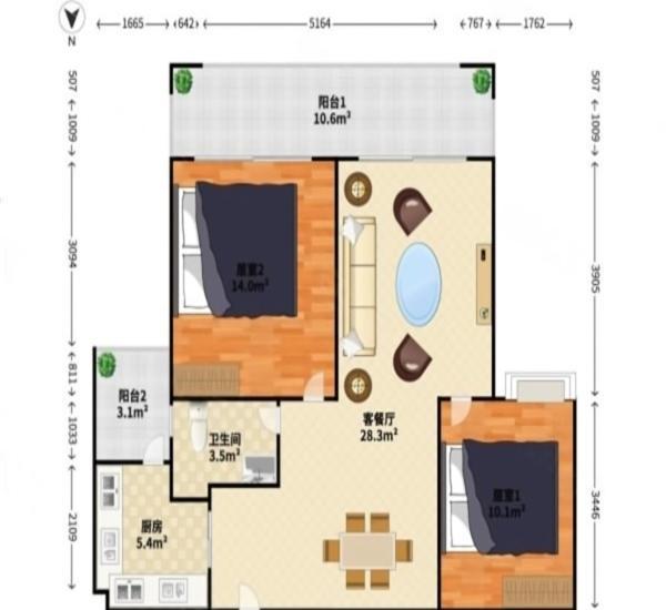 远洋城天曜南区小区2室2厅1卫户型图