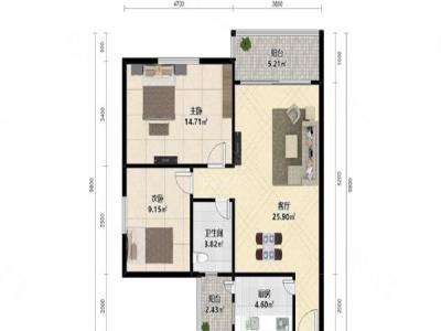 畔山花园小区2室2厅1卫户型图2