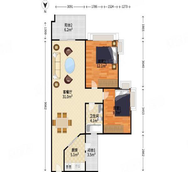 远洋城天曜南区小区2室2厅1卫户型图9