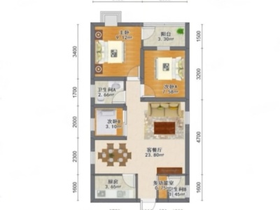 福景大厦小区3室2厅2卫户型图2