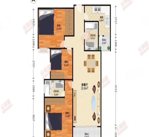 中海锦城小区3室2厅2卫户型图12