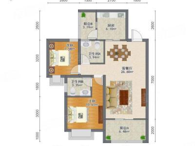 远洋新悦小区2室2厅2卫户型图3