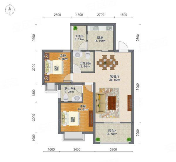 远洋新悦小区2室2厅2卫户型图