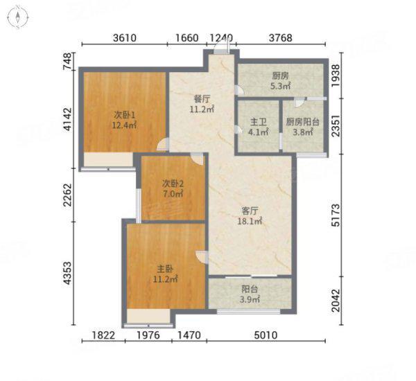 中海锦城小区3室2厅1卫户型图5