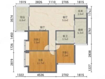 宏新蜜橙公馆小区3室2厅1卫户型图1