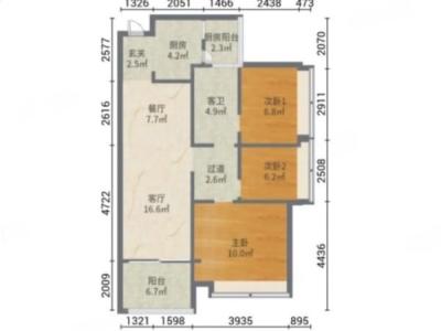 隆生皇冠花园小区3室2厅1卫户型图1