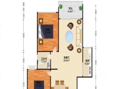 城东名门小区2室2厅1卫户型图2