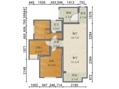 美的花湾城小区3室2厅1卫户型图1