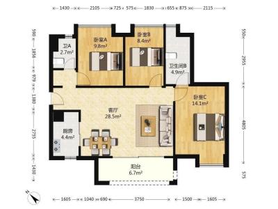 时代水岸小区3室2厅2卫户型图2